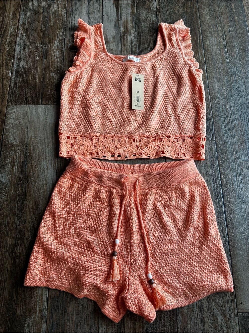 NWT Madden NYC Women 2pc Knit Tank Shorts Set Ruffle Crochet Orange Coastal XXL